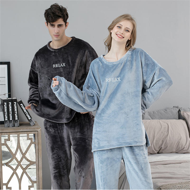 Beakey Crew Neck Flannel Pajamas Set for Women-Haze Blue
