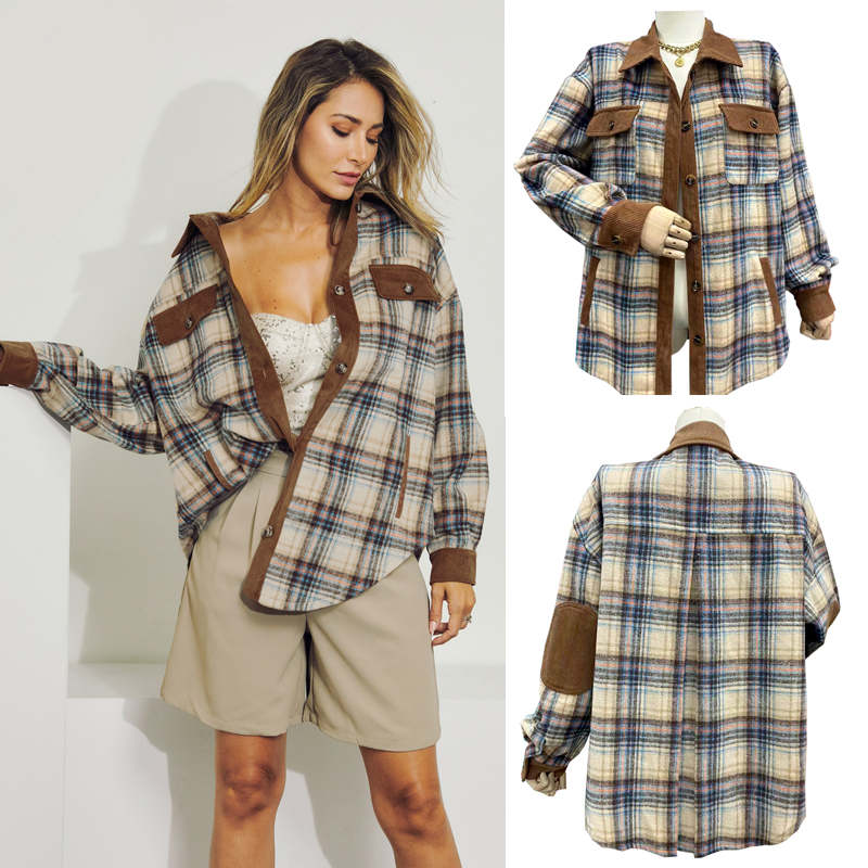 Beakey Womens Corduroy Jacket Plaid Contrast Color Long Sleeve Fall Coat