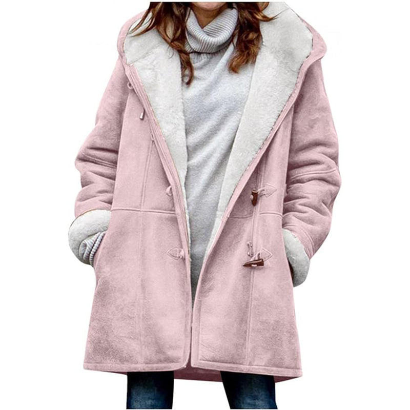 Beakey Fleece Jackets for Women Horn Button Winter Hooded Outwear-Pink