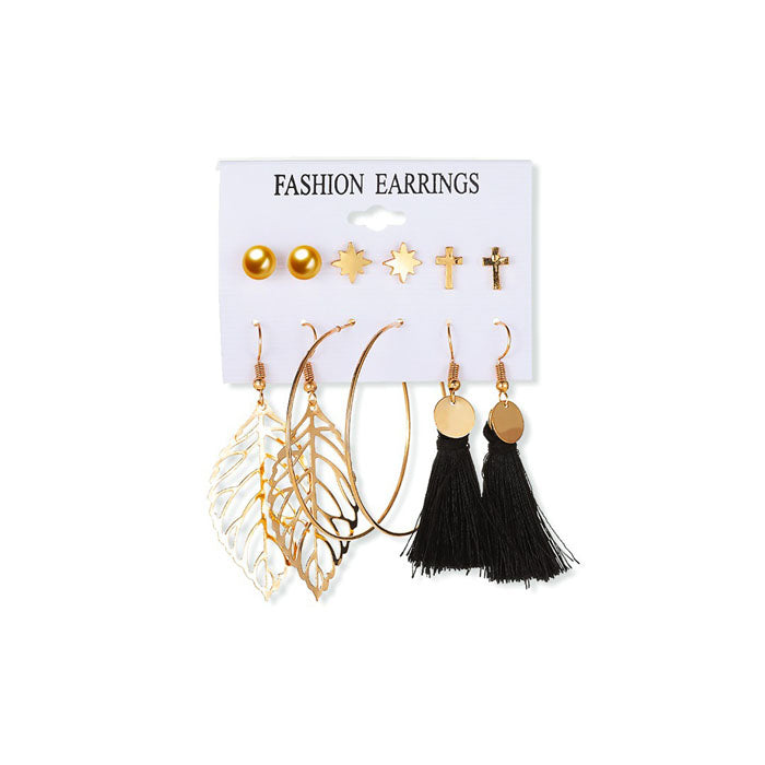 Beakey 6 Pairs Fashion Earrings Set with Tassel Dangle Hoop Earrings Colorful Statement Earrings Studs-(Style 1)