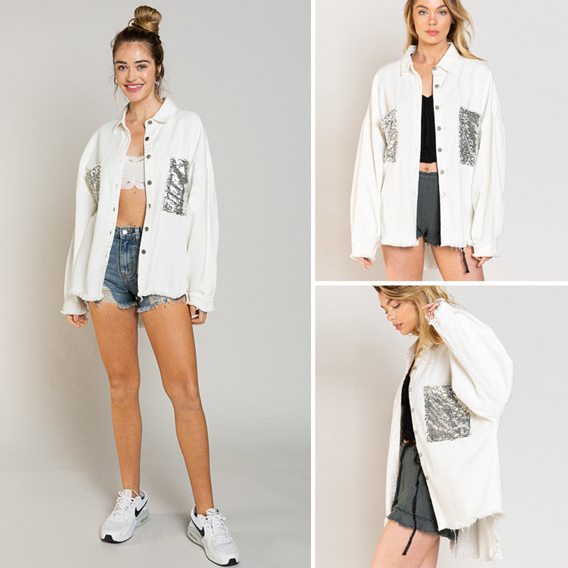 Beakey Sequins Denim Jacket for Women Oversized Distressed Jean Outwear-White