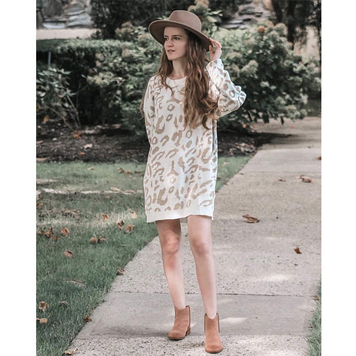Beakey Women¡¯s Leopard Print Long Sleeve Knitted Oversized Pullover Sweaters-White-HT20200301