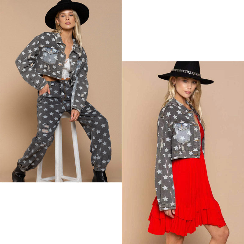 Beakey Star Print Denim Jacket for Women Frayed Raw Crop Coat for Autumn