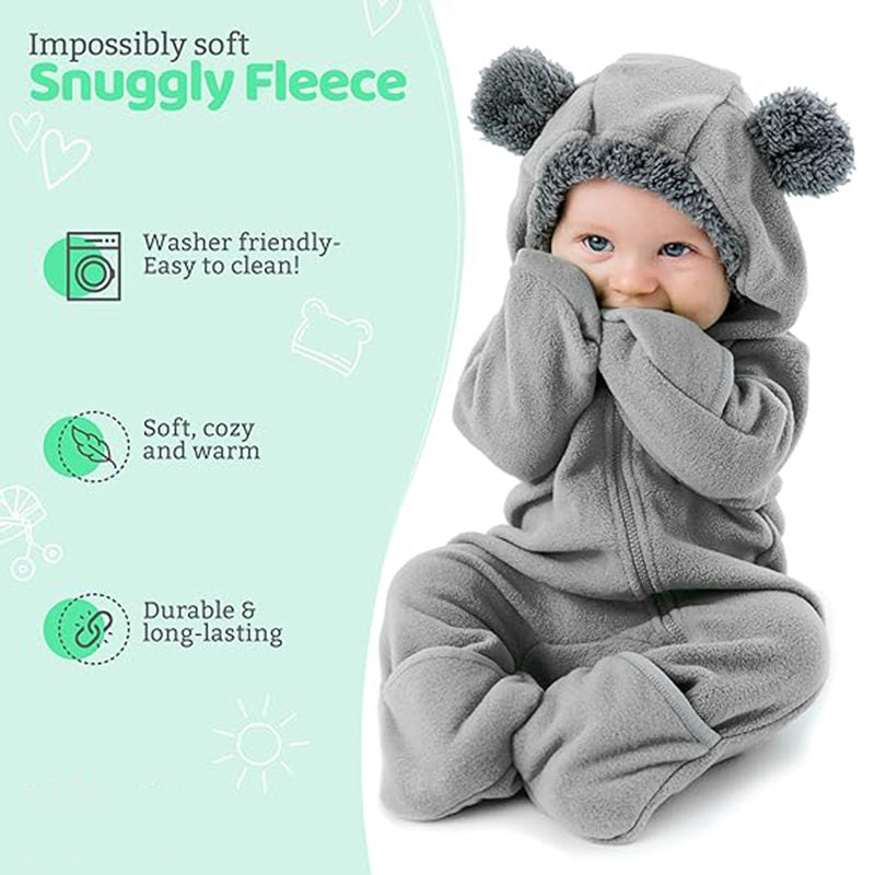 Beakey Baby Fleece Bodysuit Zipper Closure with Hood & Mittens for Winter-Grey