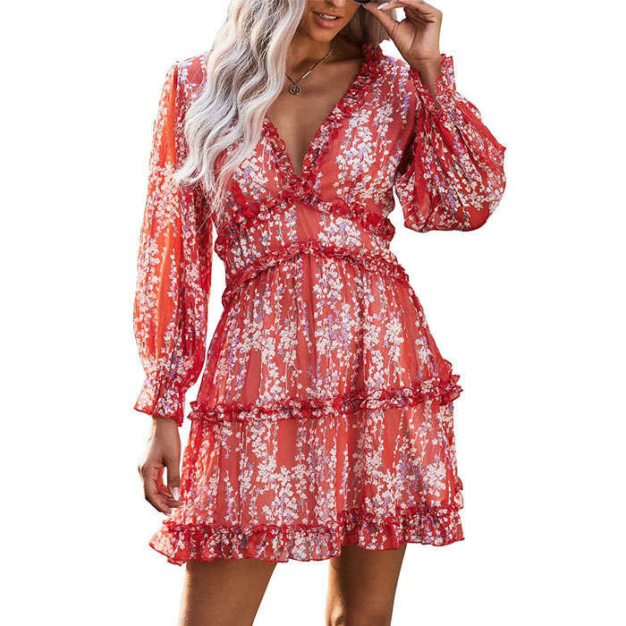 Beakey Womens Spring Summer Deep V Neck Ruffle Long Sleeve Mini Dress-Red-LC220829-1