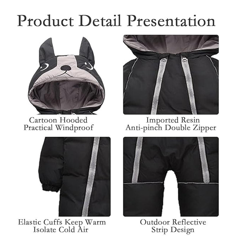 Beakey Cute Dog Snowsuit for Baby Winter Double Zipper Hooded Jumpsuit-Black