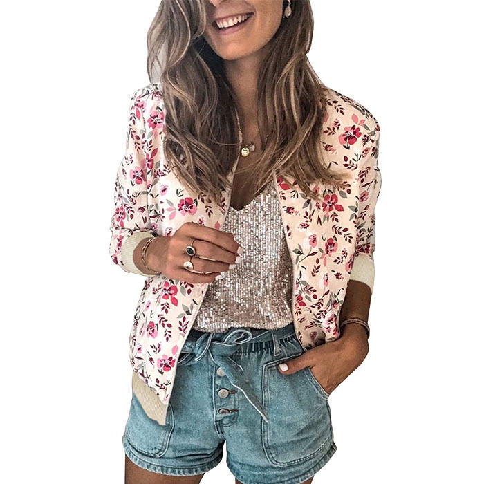 Beakey Women's Fashion Zip Up Casual Jacket Coat Short Outwear Flower Printing Tops-Pink-8795