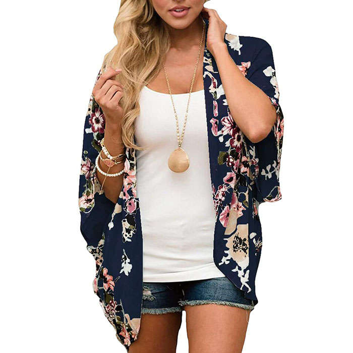 Beakey Women's Summer Floral Print Kimonos Loose Half Sleeve Chiffon Cardigan Blouses Casual Cover Up - Navy
