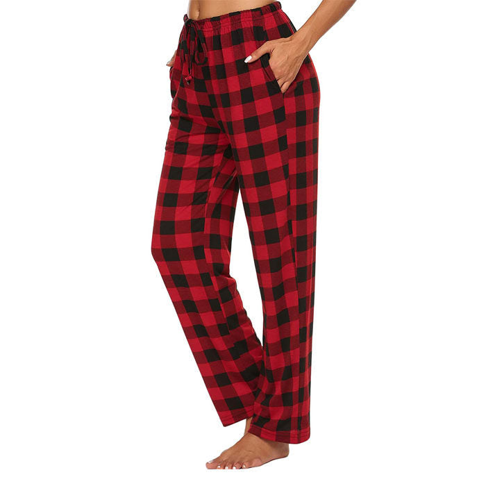 Beakey Women Lounge Pants Comfy Pajama Bottom Stretch Plaid Drawstring Bottoms Pants-Red-SP127