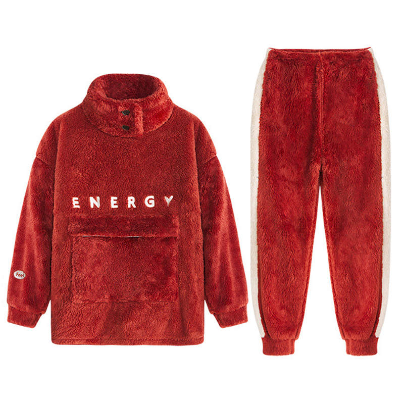 Beakey Thickening Coral Fleece Pajamas Set for Women-Red