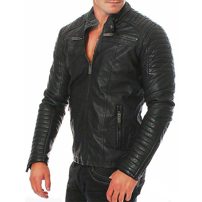 Beakey Mens Slim Fit Leather Jackets Stand Collar Zip Up Motorcycle Coat-Black