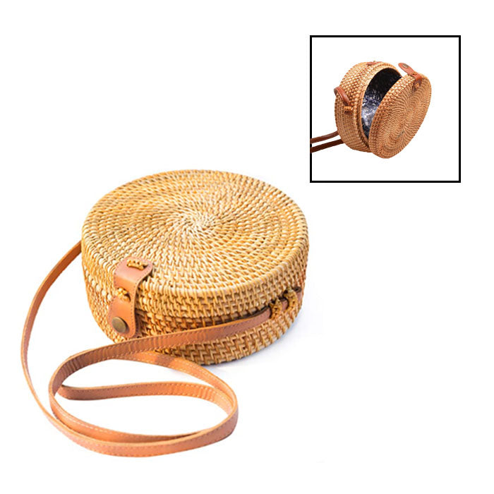 Beakey Handwoven Round Rattan Natural Chic Bag Shoulder Leather Straps Summer Beach-Blue Flower