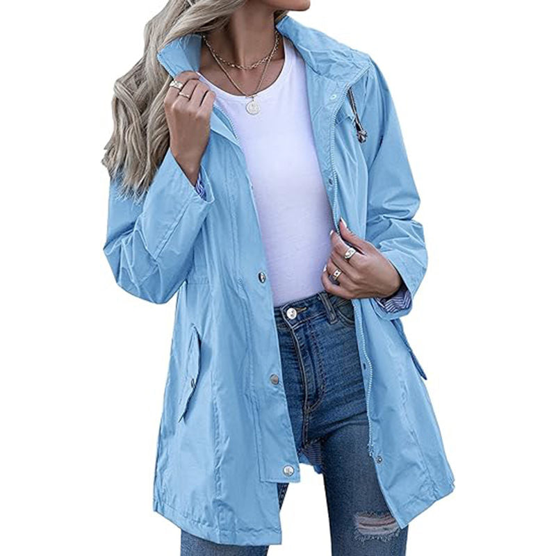 Beakey Rain Jacket for Women Striped Lined Hooded Lightweight Windbreaker-Sky Blue
