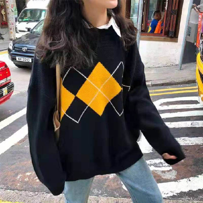 Beakey Women Plaid Sweater Preppy Style Vintage Pullover-Black