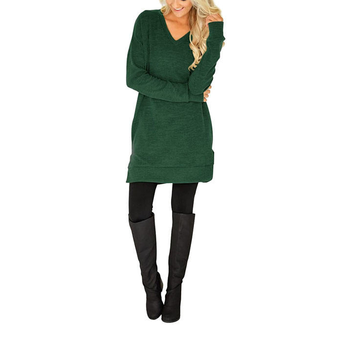 Beakey Womens Casual V Neck Long Sleeves Pocket Solid Color Sweatshirt Split Tops-Green-W0083
