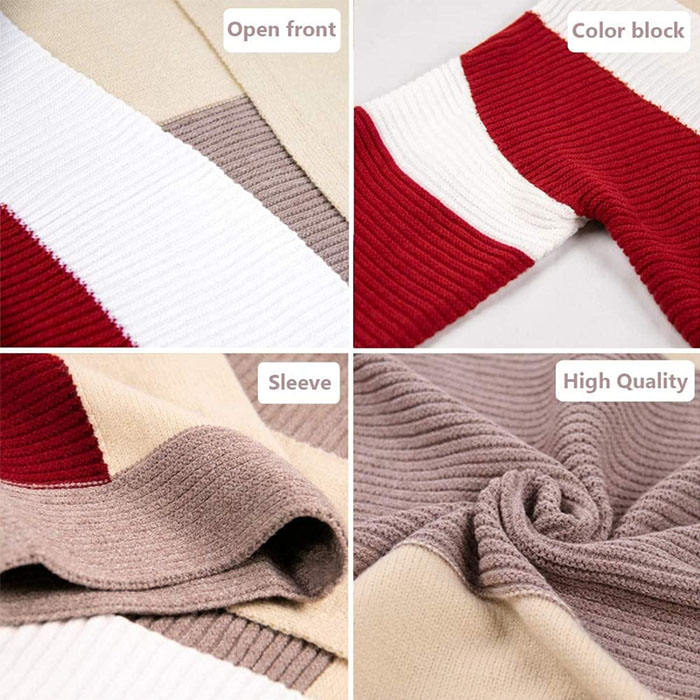 Beakey Womens Color Block Cardigan Open Front Sweaters Loose Knit Casual Coat-Red Wine-AL6009