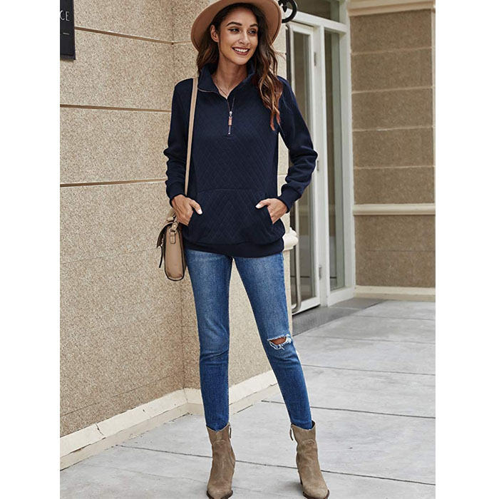 Beakey Women 1/4 Zipper Long Sleeve Plain Casual Sweatshirts Pullovers Shirts Tops-Navy