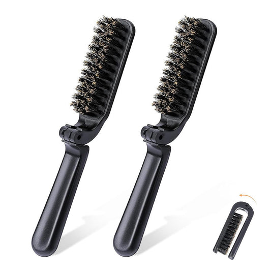 Beakey 2 Pcs Boar Bristles Hair Brushes Collapsible Mini Comb for Travel