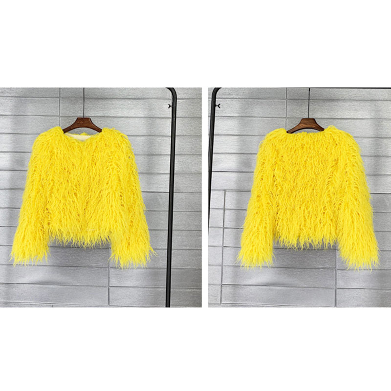 Beakey Womens Shaggy Faux Fur Outwear Short Thermal Coat-Yellow