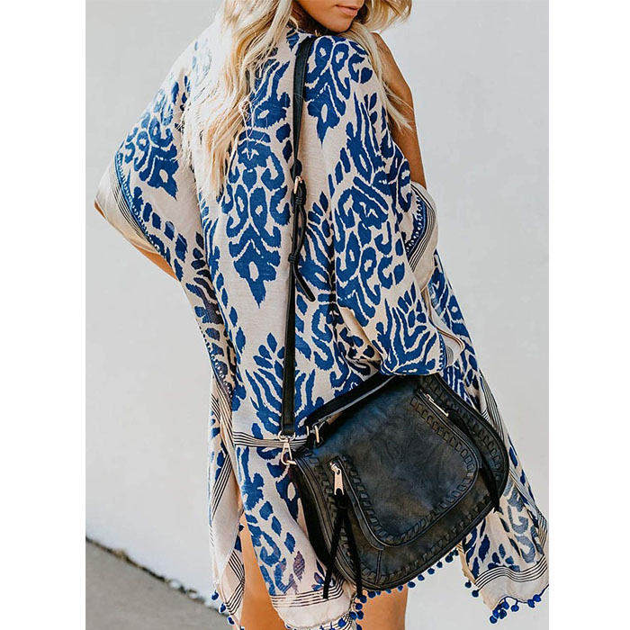 Beakey Women Print Kimono Tassel Casual Cardigan V Neck Loose Swimsuit Cover Up Beachwear-Blue