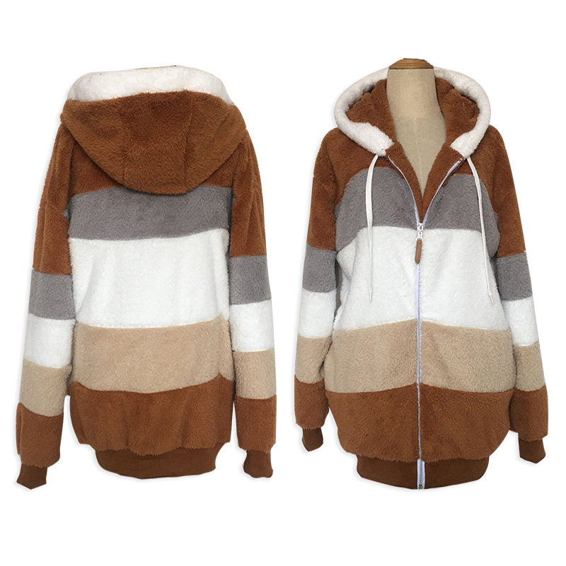 Beakey Womens Warm Plush Hooded Jacket Full Zip Colorblock Coat-Khaki
