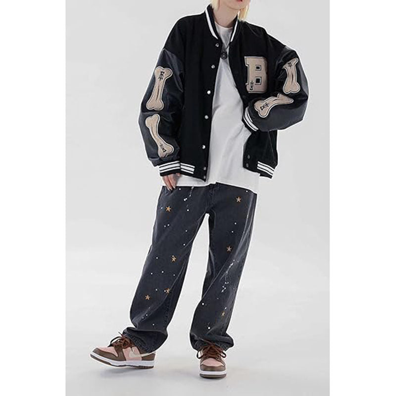 Beakey Unisex Varsity Jacket Stitched Leather Oversized Coat with Patch-Black