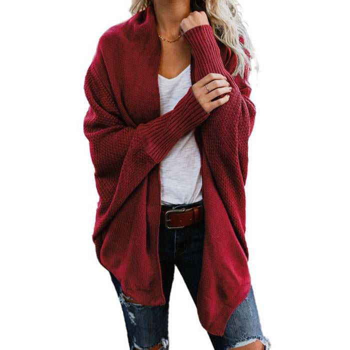 Beakey Women's Batwing Knitted Oversized Slouchy Solid Cardigan Sweater Knit Outwear-Red