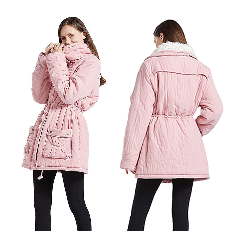 Beakey Women's Mid Length Winter Coat Thickened Warm Lamb Wool Lined Jacket-Pink