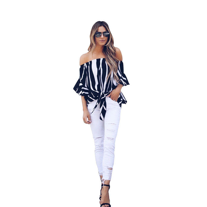 Beakey Women's Striped Printed Off Shoulder Bell Sleeve Shirt Tie Knot Casual Blouses Tops-Black-8802