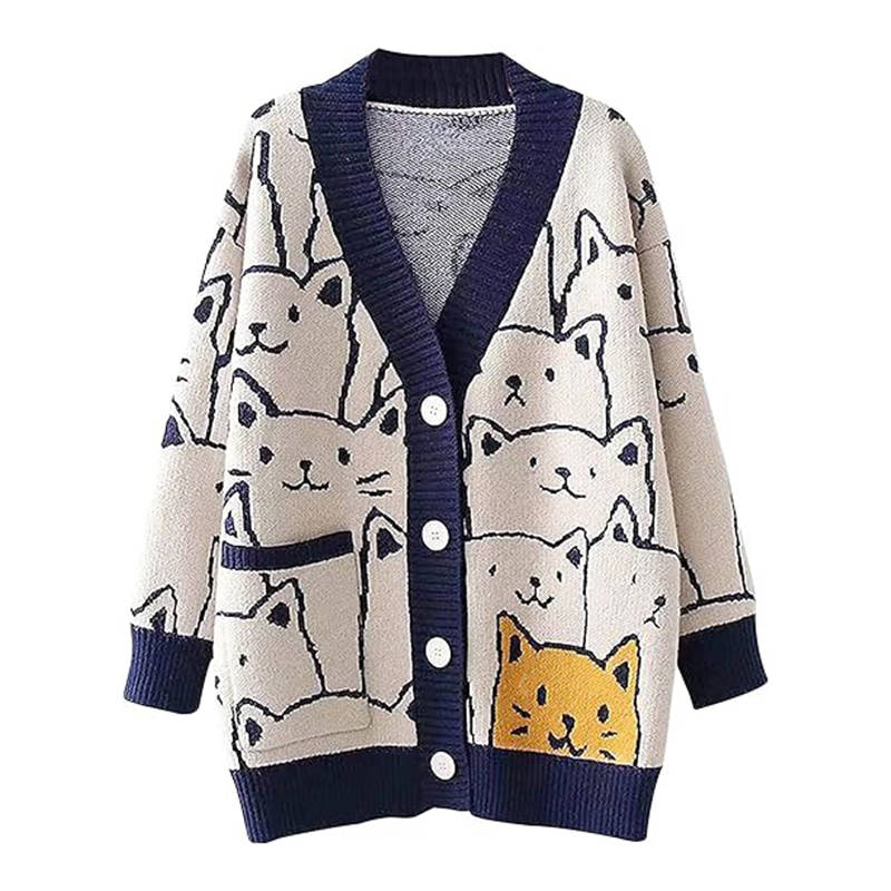 Beakey Kawaii Cat Sweater for Women Button Down V Neck Knitted Cardigan-Blue
