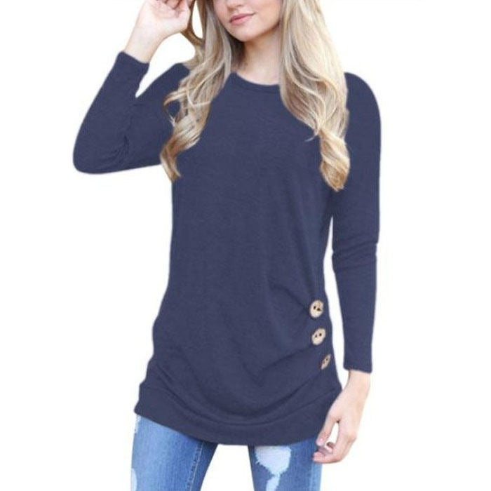 Beakey Women's Casual Long Sleeve Round Neck Loose T Shirt Blouse Tops-Navy-88041