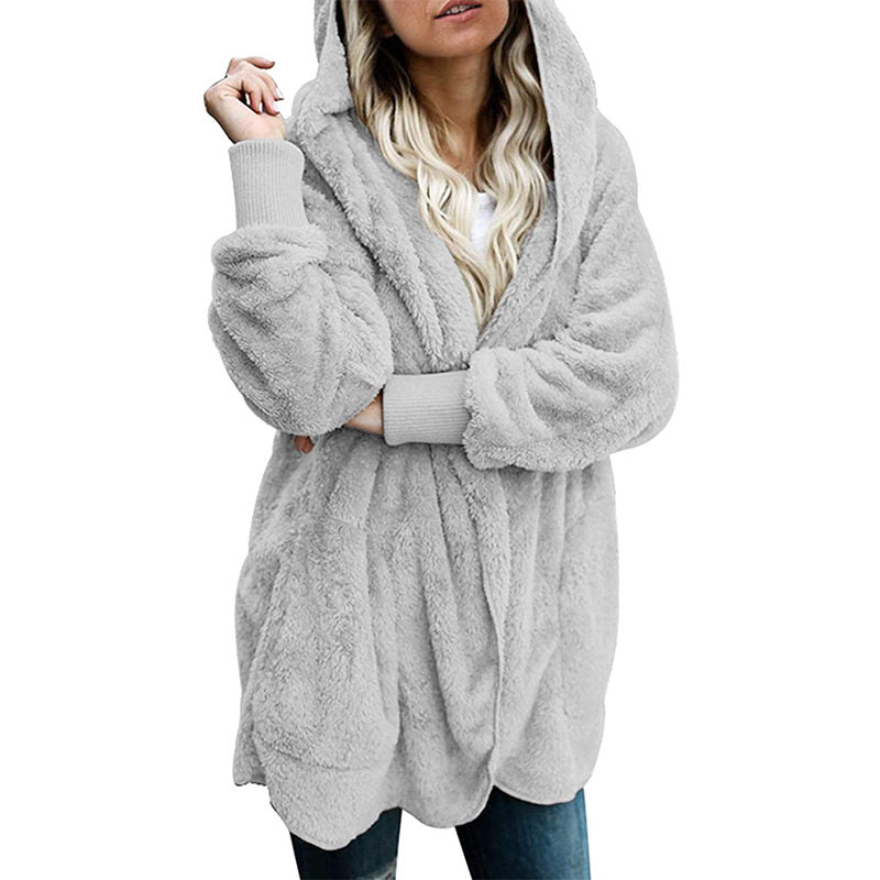 Beakey Womens Long Sleeve Fuzzy Fleece Jacket Hooded Cardigan Coat with Pockets-Grey