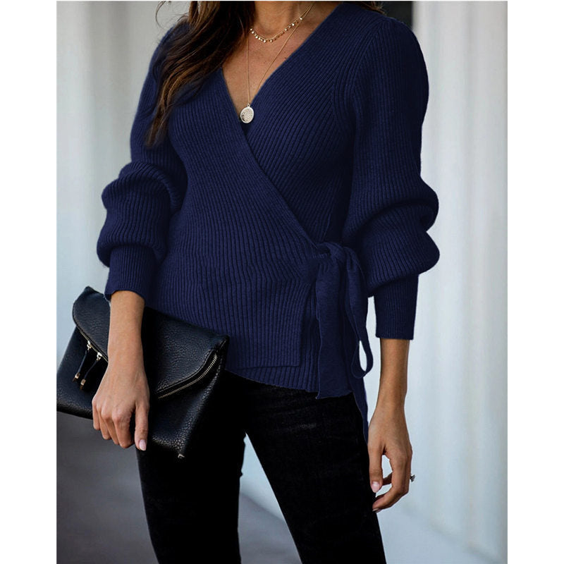 Beakey Womens Sexy V Neck Oversized Sweater Balloon Sleeve Knit Pullover-Navy Blue