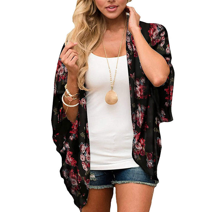 Beakey Women's Summer Floral Print Kimonos Loose Half Sleeve Chiffon Cardigan Blouses Casual Cover Up - Safflower On Black