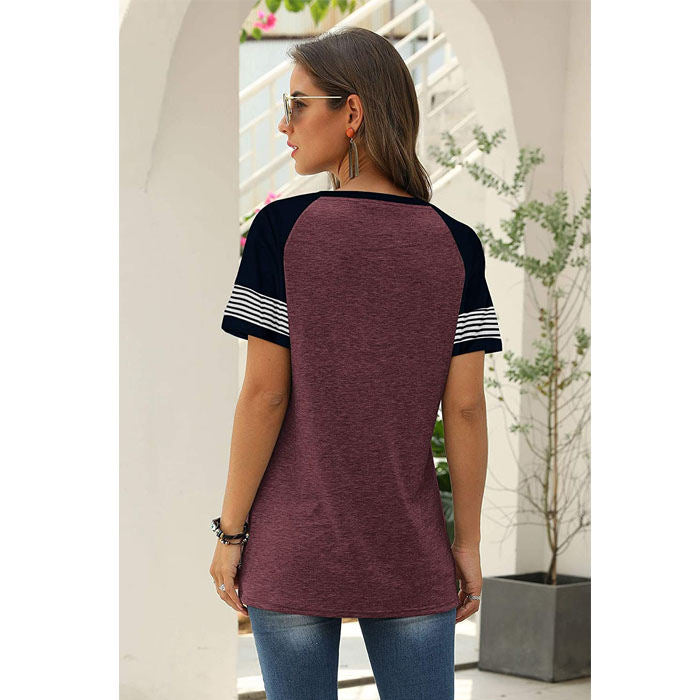 Beakey Womens T Shirts Round Neck Short Sleeve Striped Color Block Casual Tops-Purple-025
