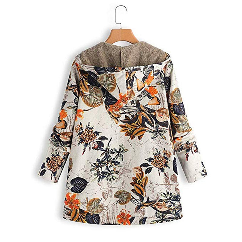 Beakey Womens Bohemian Floral Print Jacket Plush Hooded Warm Coat-A