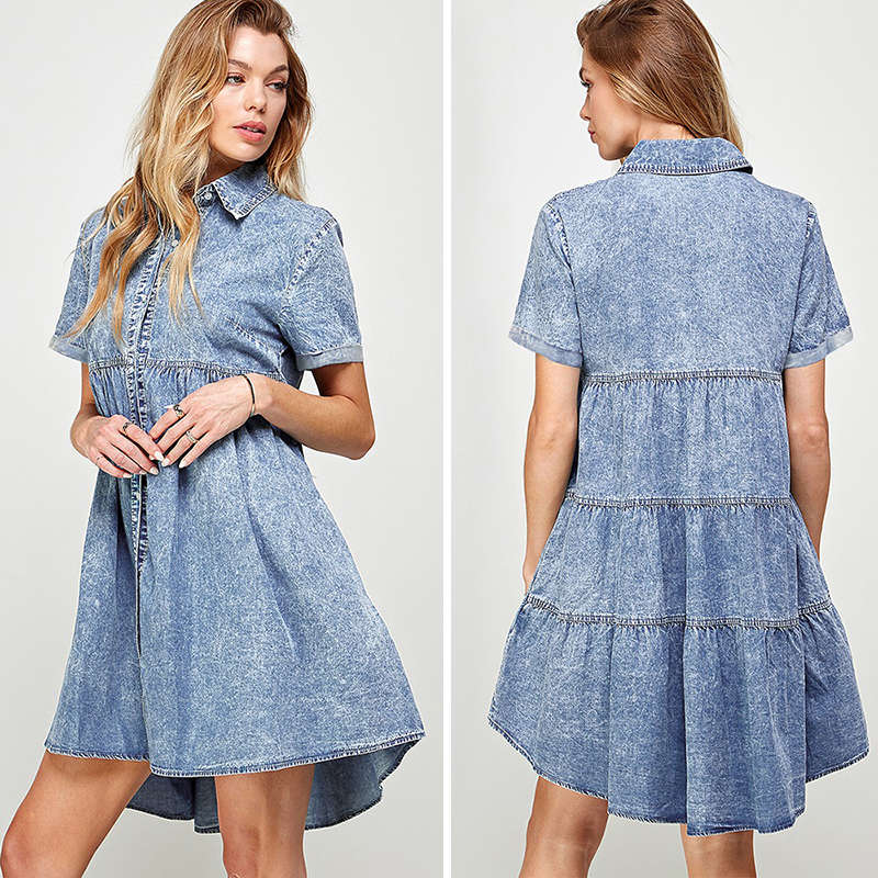 Beakey Womens Casual Denim Dress Short Sleeve Button Down Tiered Babydoll
