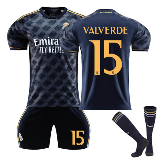 Beakey Real Madrid Away Jersey VALVERDE #15 Soccer Jersey Kids Adult 3Pcs Jersey Kits