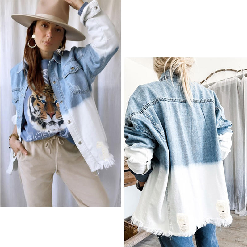 Beakey Women Ripped Denim Jacket Boyfriend Mid Long Trucker Coat-BlueWhite