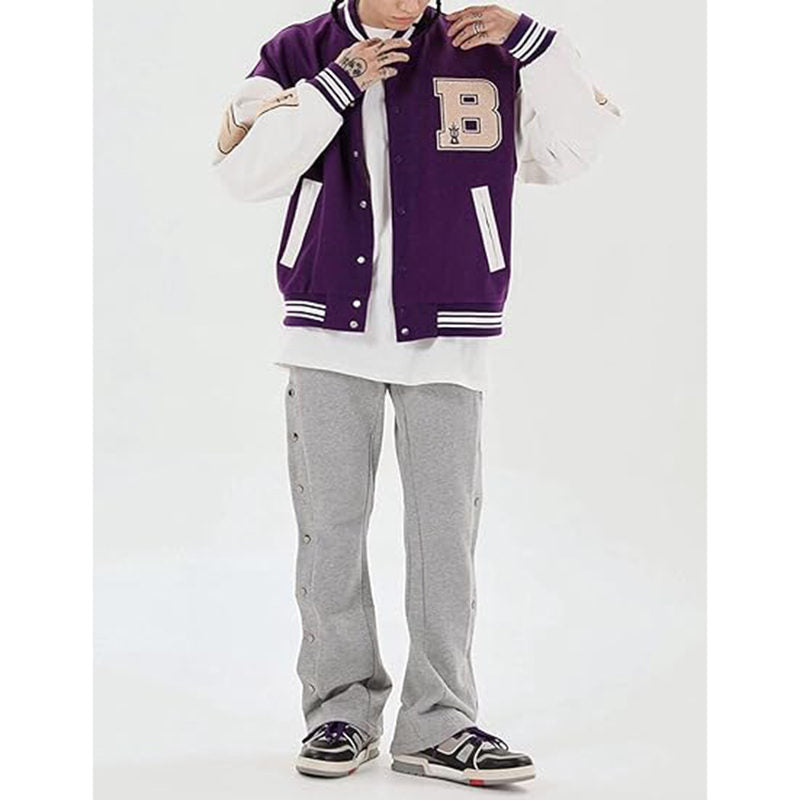 Beakey Unisex Varsity Jacket Stitched Leather Oversized Coat with Patch-Purple