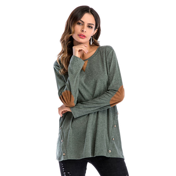 Beakey Women's Long Sleeve Double-breasted Buttons Casual Blouse Tunic Shirt Tops-Green-1025