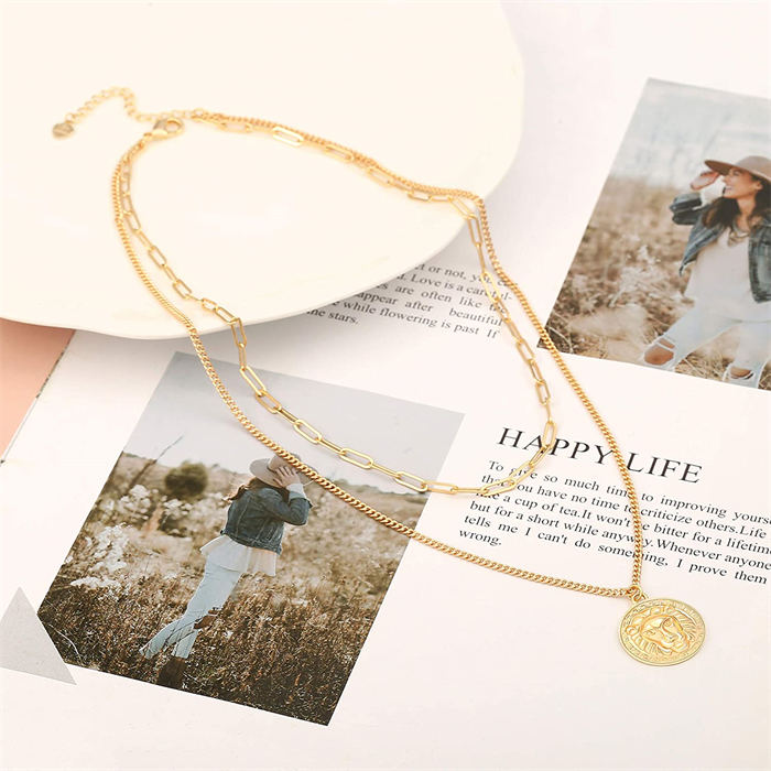 Beakey Simple Cute Long Pendant Necklace Oval Link Choker Double Layer Jewery-Lion-GL-0092A
