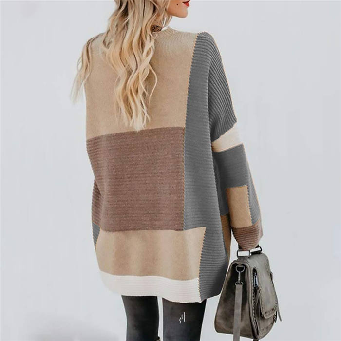 Beakey Womens Color Block Cardigan Open Front Sweaters Loose Knit Casual Coat-Gray-AL6009