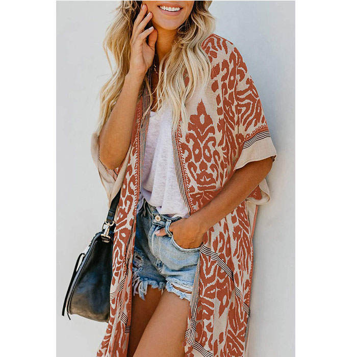 Beakey Women Print Kimono Tassel Casual Cardigan V Neck Loose Swimsuit Cover Up Beachwear-Pink