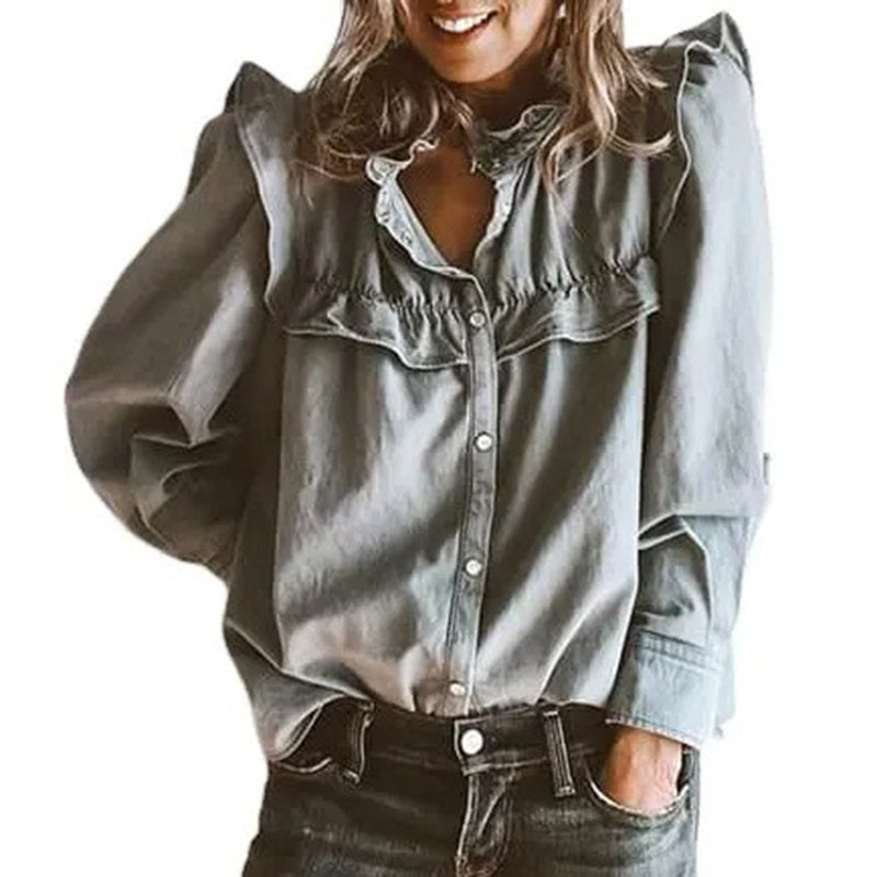 Beakey Doll Collar Denim Shirt for Women Long Sleeve Casual Ruffle Blouse