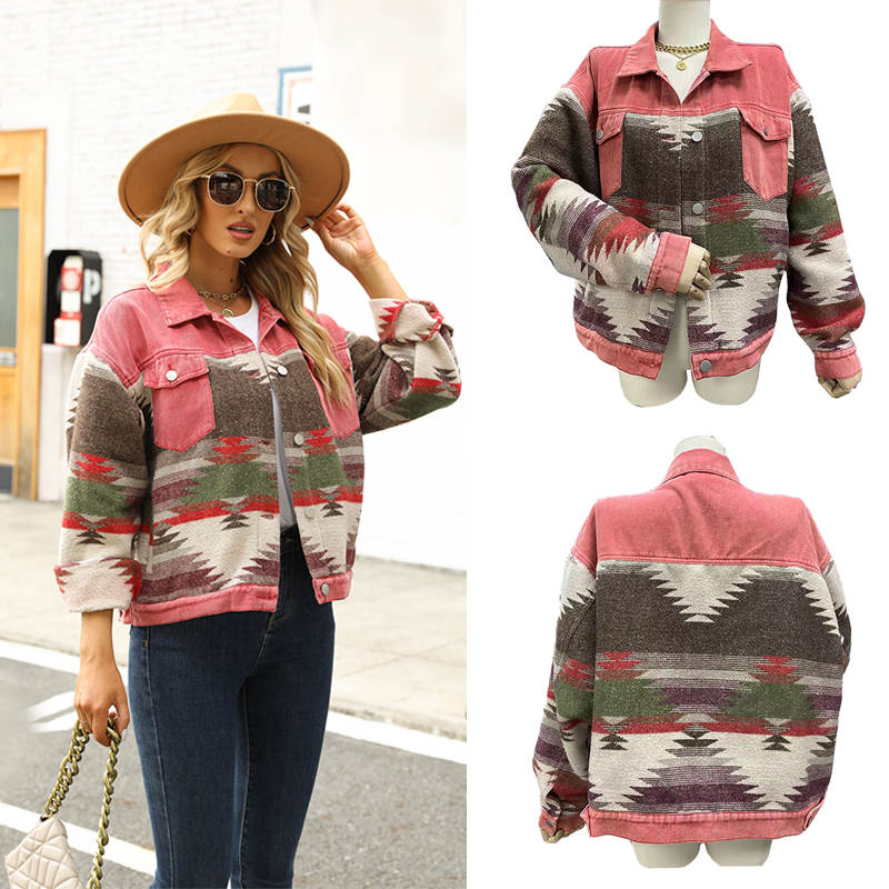 Beakey Denim Jacket for Women Aztec Print Contrast Color Cropped Coat-Red