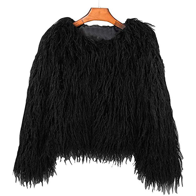 Beakey Womens Shaggy Faux Fur Outwear Short Thermal Coat-Black