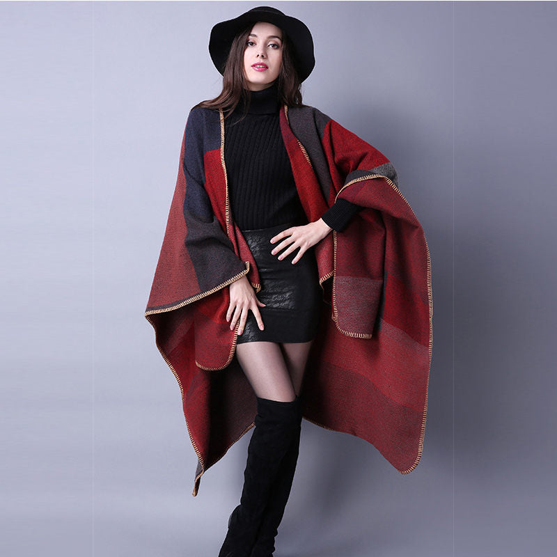 Beakey Womens Winter Reversible Oversized Blanket Cape Shawl-Red