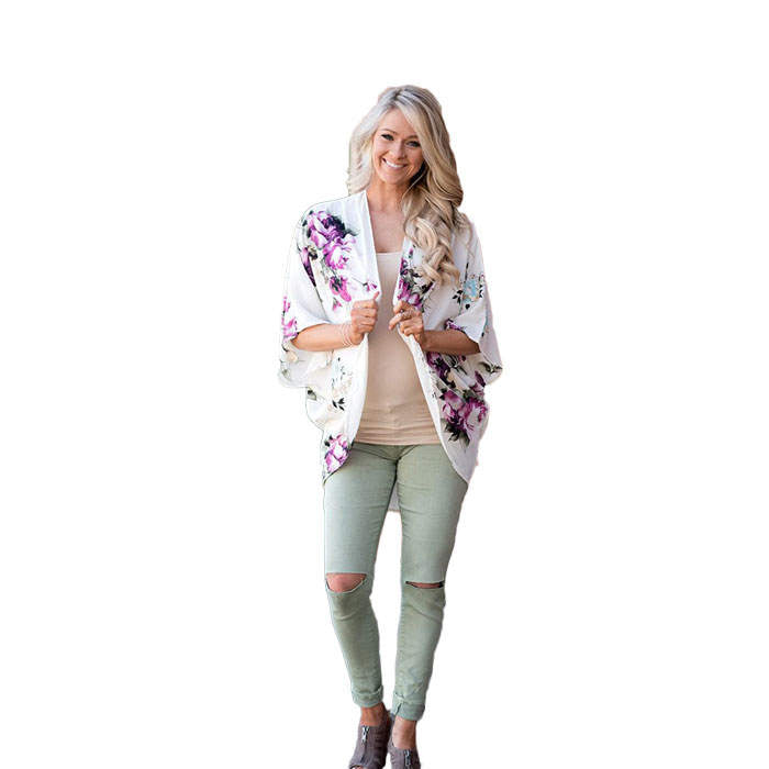 Beakey Women's Summer Floral Print Kimonos Loose Half Sleeve Chiffon Cardigan Blouses Casual Cover Up - White Flower