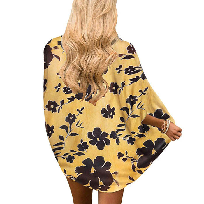 Beakey Women's Summer Floral Print Kimonos Loose Half Sleeve Chiffon Cardigan Blouses Casual Cover Up - Yellow Flower